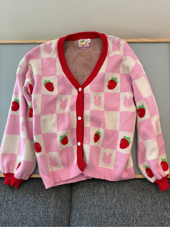 loverleafpie Sweaters - Strawberry Check Pink Button-Up Cardigan